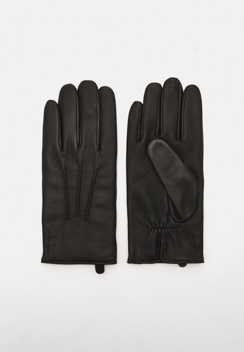 Svarta läderhandskar med fem fingrar, med en sydd design, elastiskt handled och en slät yta. Lämpliga för kallt väder.