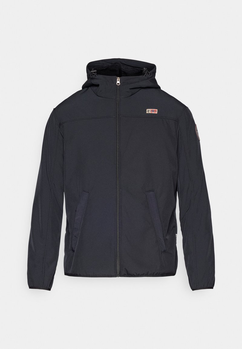 Veste à capuche bleu foncé avec une fermeture éclair intégrale à l'avant, des poignets élastiques, deux poches latérales et une petite patte de logo sur la poitrine gauche. Texture lisse.