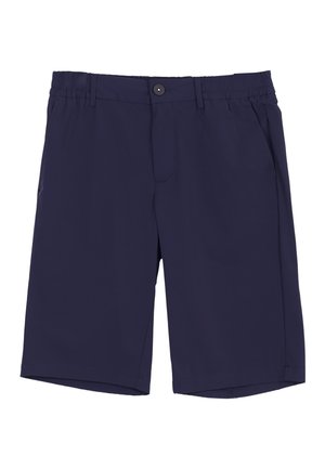 Shorts homme bleu marine longueur genou avec fermeture bouton, passants de ceinture, côtés élastiqués à la taille et poches latérales.