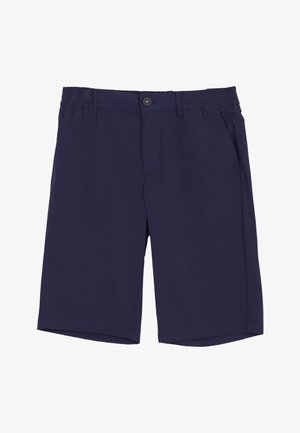 Navyblauwe herenshorts tot op de knie met knoopsluiting, riemlussen, elastische zijkanten in de taille en zijzakken.
