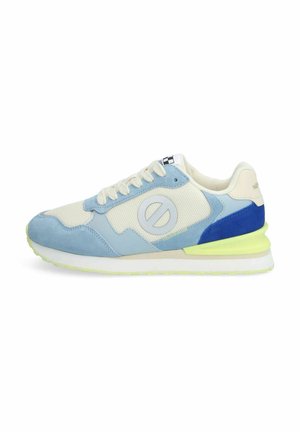 Light blue and cream athletic shoe with suede and mesh materials. Features a round logo, contrasting blue accent, and a neon green outsole.