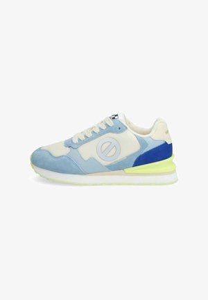 Himmelblaue und cremefarbene Sportschuhe aus Wildleder und Mesh-Materialien. Enthält ein rundes Logo, kontrastierende blaue Akzente und eine neongrüne Außensohle.