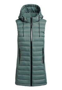 Bezrękawnik w kolorze teal, ocieplany, z zamkiem błyskawicznym z przodu, dwoma kieszeniami na zamek oraz regulowanym kapturem ze sznurkami.