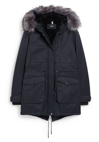 Parka marine avec une capuche doublée de fausse fourrure, fermeture éclair à l'avant, deux poches extérieures et ourlet ajustable à cordon, présentant une texture unie.