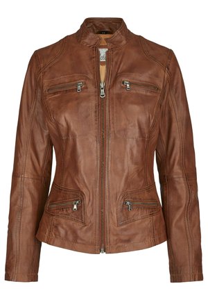 Braune Lederjacke mit Stehkragen, Frontreißverschluss und zwei Reißverschlusstaschen auf der Brust. Verfügt über geschwungene Nähte und eine taillierte Passform.