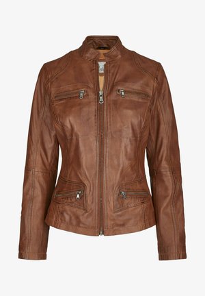Braune Lederjacke mit Stehkragen, Frontreißverschluss und zwei Reißverschlusstaschen auf der Brust. Verfügt über geschwungene Nähte und eine taillierte Passform.