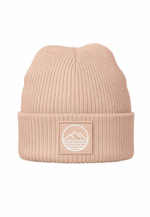 Light pink knit beanie hat with ribbed texture, featuring a square patch with a white mountain and wave design.