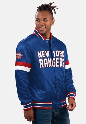 Blue satin jacket featuring "NEW YORK RANGERS" in bold white letters. Red and white stripes on sleeves and collar. Includes NHL logo patch.
