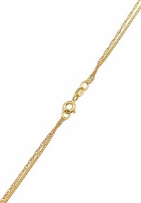 Guld kæd necklace med dobbelt-link design, glat overflade og en sikker krebsehåndtilslutning til fastgørelse.