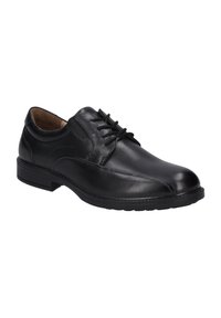 Schwarze Leder-Dressschuhe mit runder Zehenform, Schnürdesign, dezenten Steppnähten und einer strukturierten Gummisohle für besseren Halt.