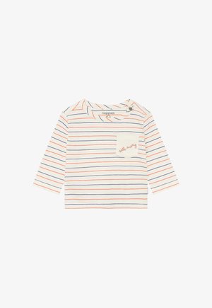 Camicia bianca a maniche lunghe con strisce blu navy e arancioni, caratterizzata da una piccola tasca sul petto con la scritta "still busy" ricamata in rosso.