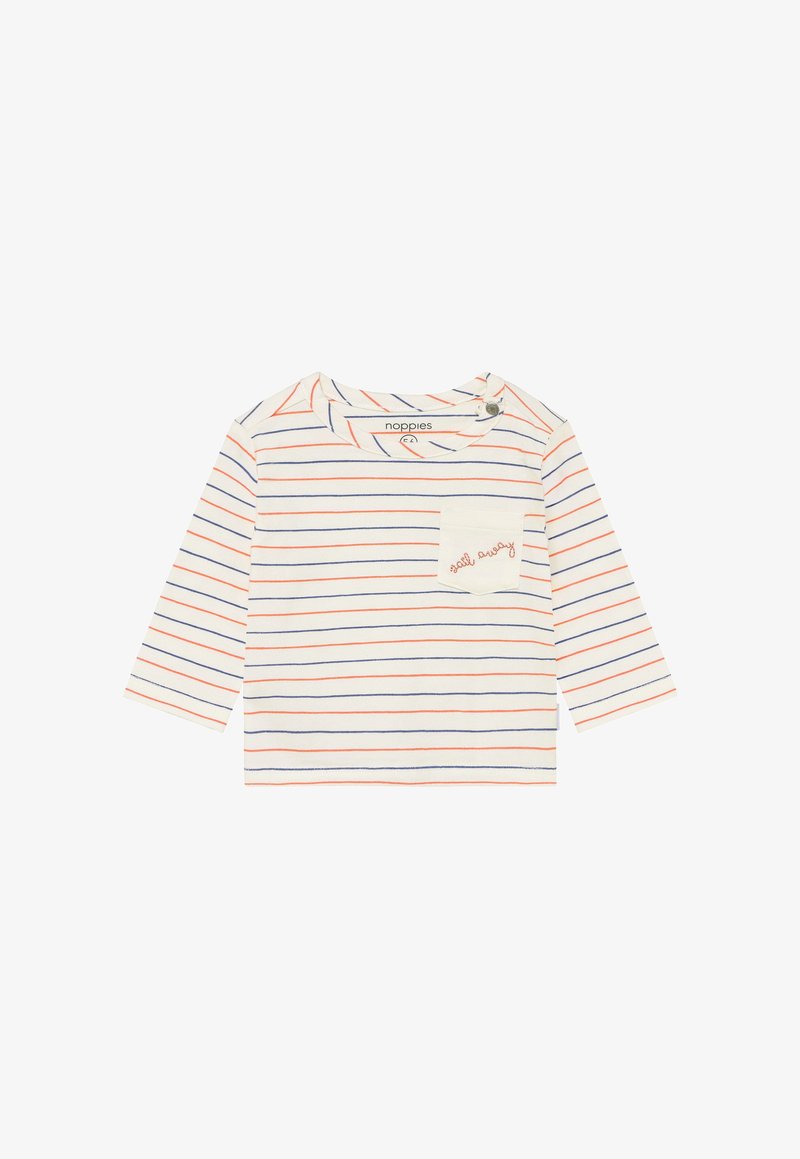 Camicia bianca a maniche lunghe con strisce blu navy e arancioni, caratterizzata da una piccola tasca sul petto con la scritta "still busy" ricamata in rosso.