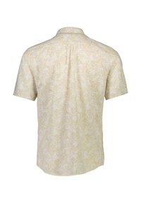 Camicia a maniche corte, con bottoni, di un crema chiaro con un motivo floreale bianco. Realizzata in tessuto leggero, dotata di colletto standard.