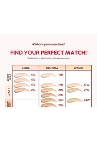 Guide for matching skin tones with three categories: Cool, Neutral, Warm. Features various shades in cream colors, labeled by numbers and categories.