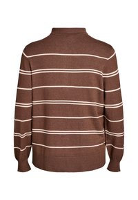 Bruine pullover met een kraag, voorzien van horizontale roomkleurige strepen. Zachte textuur, lange mouwen en ribgebreide boorden en onderkant.