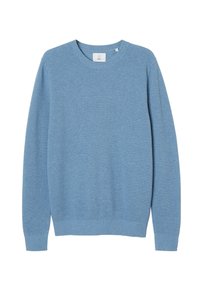 Helles blauer gestrickter Pullover mit Rundhalsausschnitt, langen Ärmeln und gerippten Bündchen. Verfügt über ein strukturiertes Muster im gesamten Stoff.