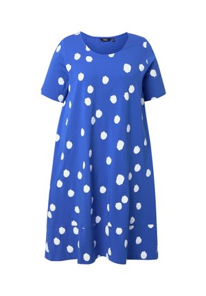 Blå kortærmet kjole med løs pasform, rund halsudskæring og uregelmæssigt hvidt polkaprikkemønster overalt på stoffet.