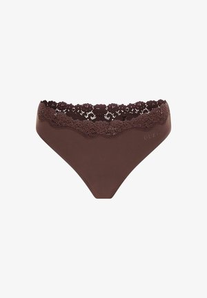 Brune undertøj med blondekant i taljen. Stoffet er glat med en semi-mat finish. Har diskret branding på siden.