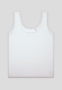 Biała bezrękawnik z miękkiego materiału bawełnianego; charakteryzuje się okrągłym dekoltem oraz metką wskazującą rozmiar "S". Prezentacja na płasko.