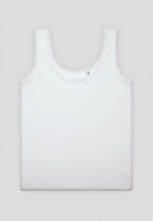 Biała bezrękawnik z miękkiego materiału bawełnianego; charakteryzuje się okrągłym dekoltem oraz metką wskazującą rozmiar "S". Prezentacja na płasko.