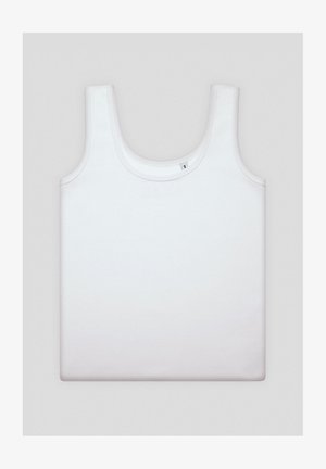 Biała bezrękawnik z miękkiego materiału bawełnianego; charakteryzuje się okrągłym dekoltem oraz metką wskazującą rozmiar "S". Prezentacja na płasko.