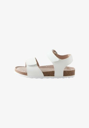 Hvide sandaler med to justerbare stropper, en kork-fodsål og en hvid gummi-ydersål. Designet er åben for tæerne med en tekstureret finish.