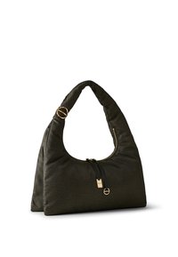 Dunkelgrüne, strukturierte Handtasche mit weicher, geschwungener Form, Reißverschluss und gepolstertem Griff, akzentuiert mit goldfarbenen Beschlägen.