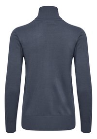 Pull à col roulé bleu marine avec col, poignets et ourlet côtelés. Fabriqué dans un tissu tricoté lisse, avec un dos sans couture.