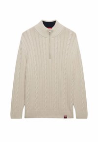 Pull en maille couleur crème avec un col montant, fermeture éclair quart et un motif en câble texturé. Comprend des poignets et un ourlet côtelés.