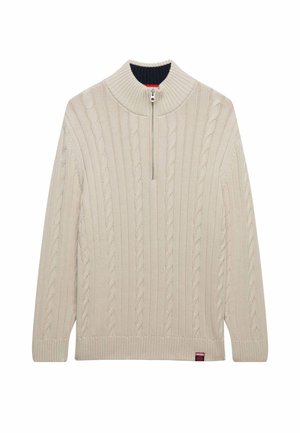 Suéter de punto color crema con un cuello alto, cierre de cuarto de cremallera y un patrón de cable texturizado. Incluye puños y dobladillo acanalados.