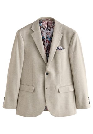 Blazer beige da uomo a singolo bottone con fodera interna floreale e fazzoletto da taschino abbinato, con rever a intaglio e tasche con patta.