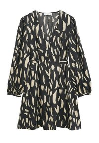 Schwarzes Kleid mit cremfarbenem abstraktem Pinselstrichmuster, V-Ausschnitt, langen Puffärmeln und zwei seitlichen Taschen. Glattes Gewebe mit fließendem Design.