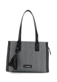 Borsa tote a spina di pesce nera e grigia con accenti in pelle, dotata di due robusti manici e un nappina decorativa. Comparto con zip inclusa.