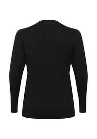 Black long-sleeve sweater with a round neckline and ribbed hem. Material appears smooth and lightweight, with a simple, unembellished design.