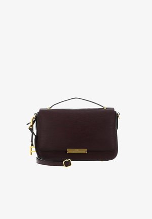 Dark brown leather handbag with a top handle, adjustable shoulder strap, and gold-tone hardware including a front clasp and brand tag.