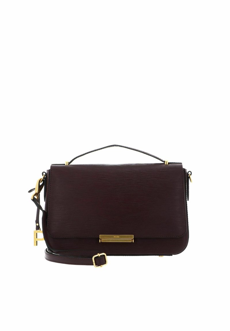 Dark brown leather handbag with a top handle, adjustable shoulder strap, and gold-tone hardware including a front clasp and brand tag.