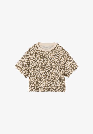 Short-sleeve, beige cropped t-shirt with brown leopard print pattern and round neckline.