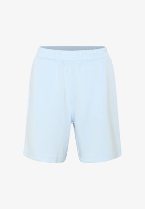 Svetlomodré šortky po kolená vyrobené z mäkkého materiálu s elastickým pásom a rovnom strihom. Hladká textúra, bez viditeľných vzorov alebo akcentov.
