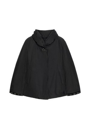 Schwarzer isolierter Mantel mit hohem Kragen, ausgestattet mit Knopfverschluss und dekorativem Muster am Saum. Weiche Textur, lockere Passform.