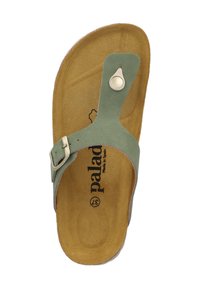 Grüne Wildledersandale mit einem oberen Riemen, verstellbarem silbernen Schnallenverschluss und einer gepolsterten braunen Innensohle. Logo auf der Fußbett gedruckt.