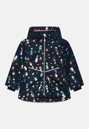 Hooded jacket in navy with a glossy finish featuring a seahorse and star pattern in various colors, full front zipper, and elastic cuffs.