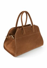 Brown suede handbag with double handles, stitching detail, a buckle on the side, and subtle embossed logo on the front.