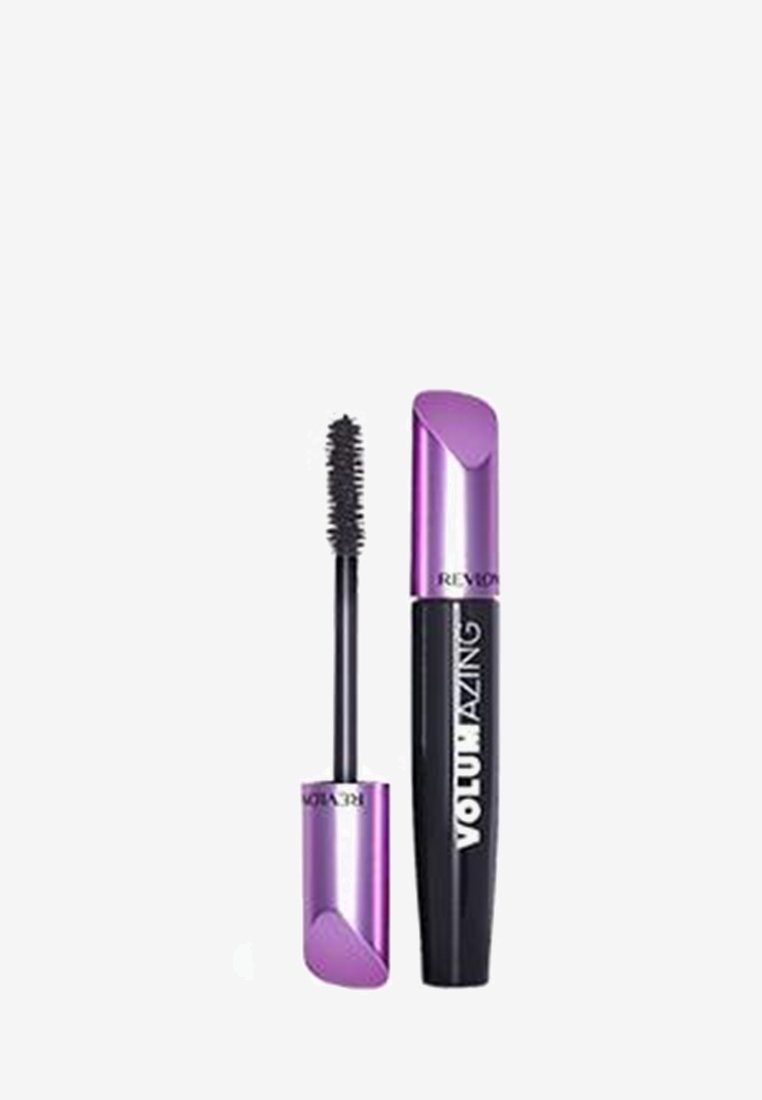 Tubetto di mascara nero con cappuccio e dettagli viola, dotato di un applicatore a spazzola spiralata e testurizzata. L'etichetta riporta la scritta "VOLU-MAZING."