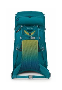Teal rugzak met een donkerblauwe bovenkant en een gele tot groene gaasachterpaneel. Voorzien van verstelbare schouderbanden en meerdere bevestigingspunten.