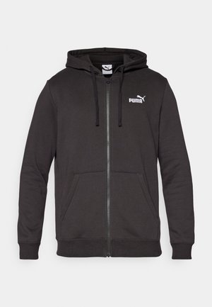 Schwarze Zip-Up-Hoodie aus Baumwollmischgewebe. Verfügt über eine Kängurutasche, Kordelzüge, gerippte Bündchen und ein weißes Puma-Logo auf der Brust.