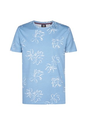 Hellblaues Kurzarm-T-Shirt mit weißen Blumenumrissen, rundem Ausschnitt und weichem Baumwollstoff. Einfaches, lässiges Design.