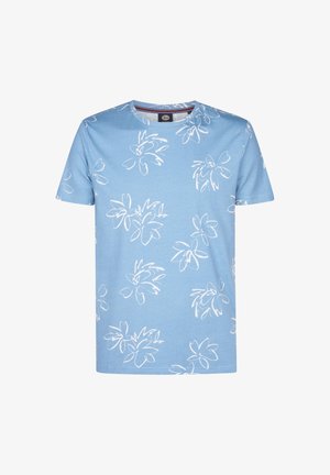 Jasnoniebieski t-shirt z krótkim rękawem, z białym konturem kwiatowym, okrągłym dekoltem i miękką bawełnianą tkaniną. Prosty, casualowy design.