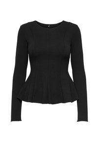 Black long-sleeve top with a crew neck, featuring a peplum design, textured fabric, and vertical seam detailing for added structure.