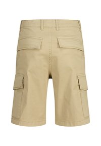 Beige cargo shorts with a straight cut, featuring four pockets, belt loops, and double stitching detail. Made from durable cotton fabric.
