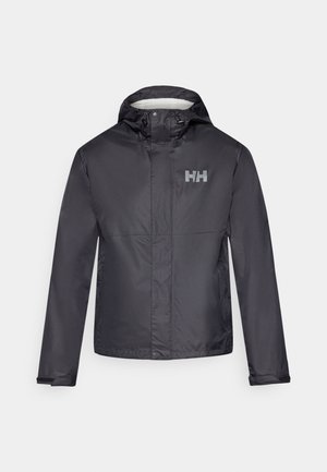 Black waterproof jacket with a hood, featuring a zip front, elastic cuffs, and a white logo on the left chest. Smooth, lightweight material.